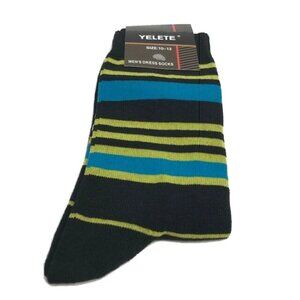 Yelete Men's Socks Black Yellow Turquoise Striped Size 10 - 13 Shoe Size 7 - 12